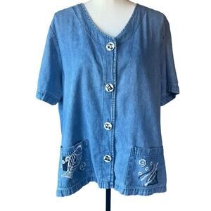 Vintage Women's Denim Novelty Fish Lagenlook Blouse Size 2x Excitation